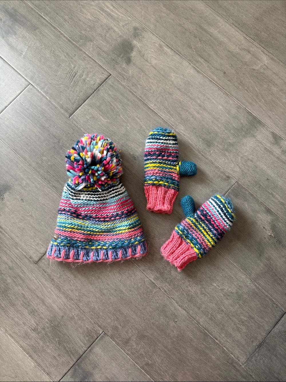 Matilda Jane Multicolor Knit Pom Beanie and Mittens - Pink, Blue, Yellow